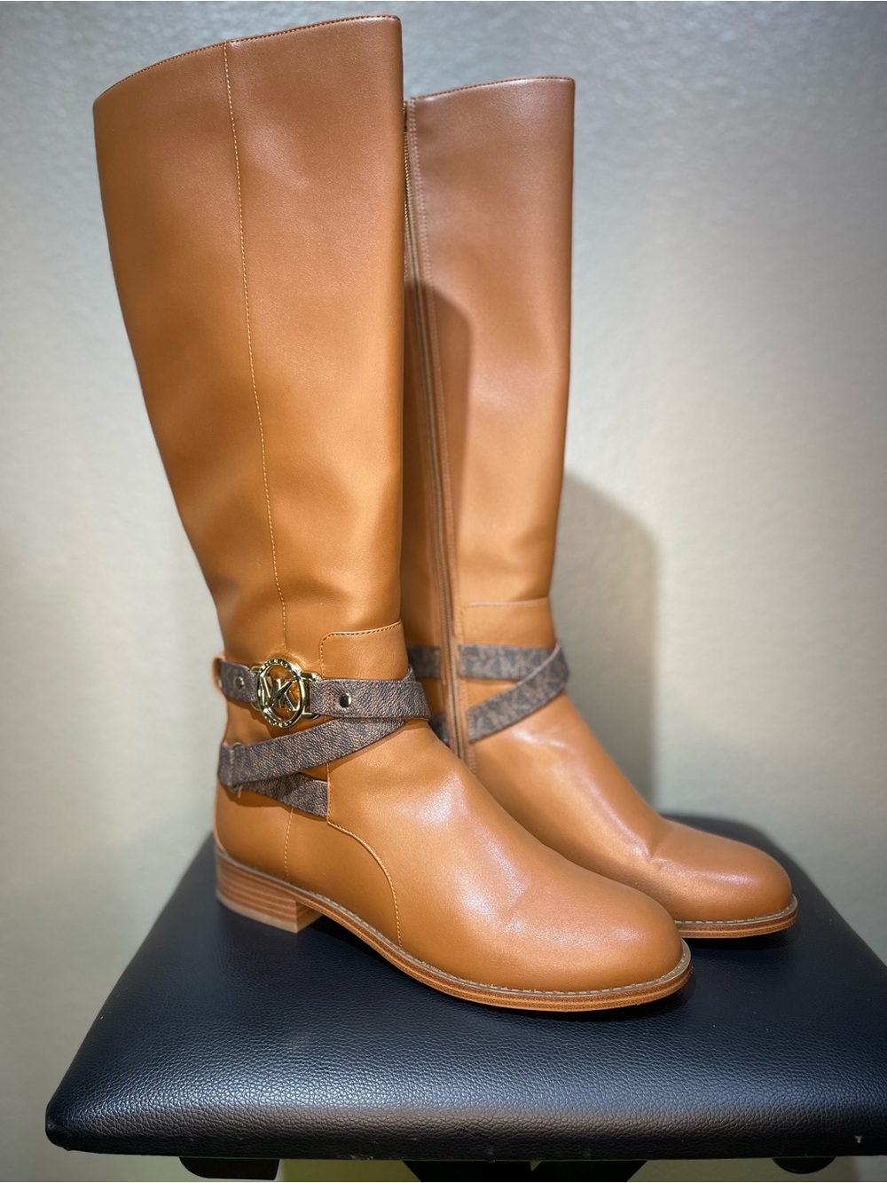 Michael Kors Cognac Leather Over-the-Knee Boots with MK Harness Sz 7W